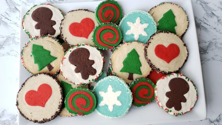 Slice-and-bake Christmas design cookies on a platter. 