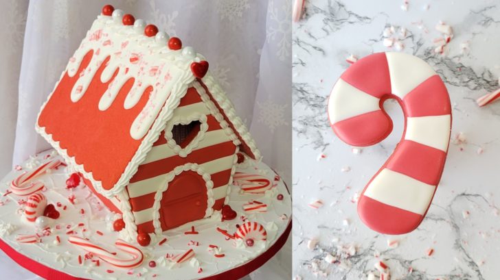 A red and white candy cane gingerbread house on the left. And a decorated candy cane cookie on the right.