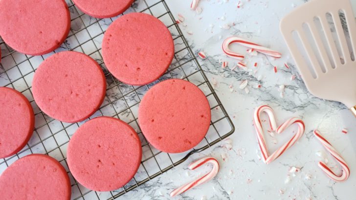 Candy cane shortbread sugar cookies on a cooling rack next to candy canes.