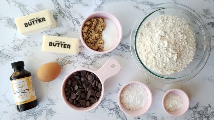Overhead view of ingredients for chocolate chip shortbread sugar cookies. 