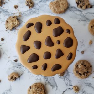 A chocolate chip shortbread sugar cookie decorated like a traditional chocolate chip cookie