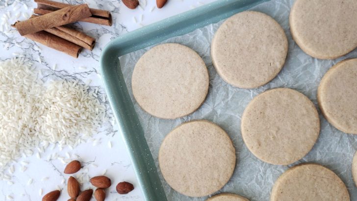 Horchata shortbread sugar cookies on a sheet pan