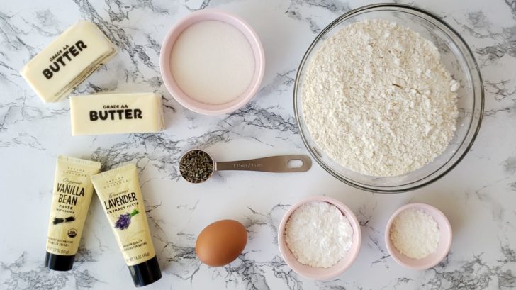 Overhead view of ingredients for lavender shortbread sugar cookies.