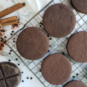 Mexican hot chocolate shortbread sugar cookies on cooling rack.