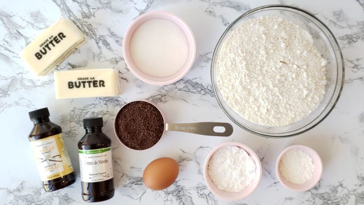 Overhead view of ingredients for mint chip shortbread sugar cookies. 