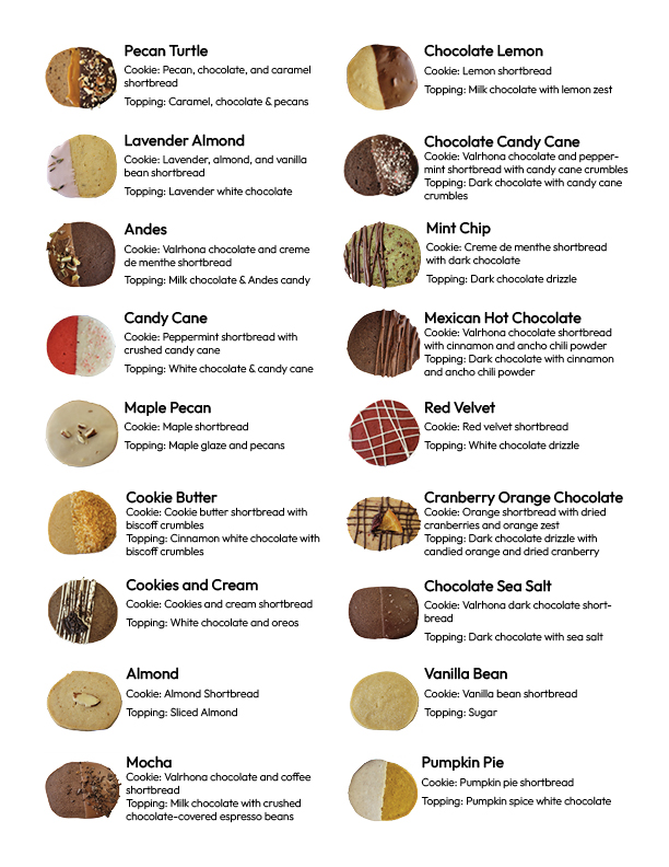 Pictures of a variety of slice-and-bake cookies with flavor descriptions.