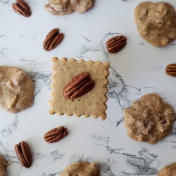 A single pecan praline shortbread sugar cookie surrounded by pecans and pecan pralines.