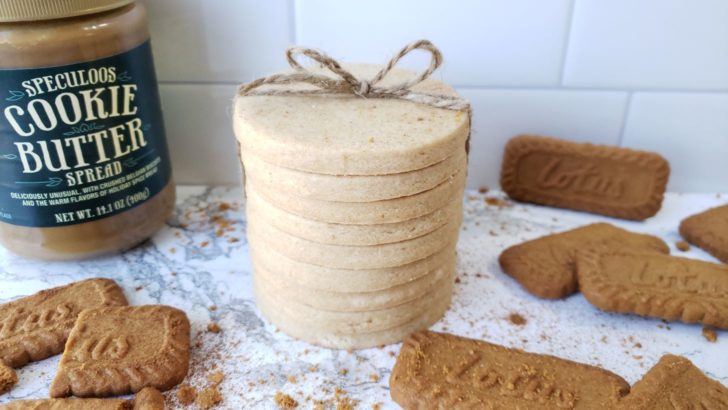 Stacked cookie butter shortbread sugar cookies tied with twine. 