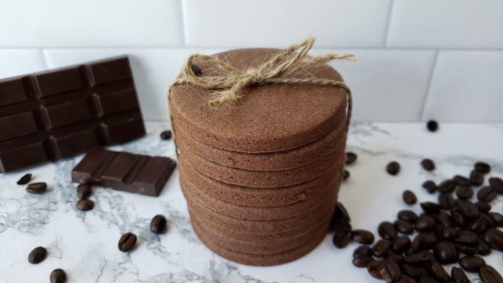 A stack of mocha shortbread sugar cookies tied with twine.