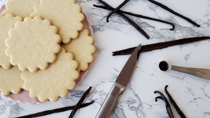 Vanilla bean cookies on a pink plate, next to vanilla bean pods, and a knife with vanilla bean caviar