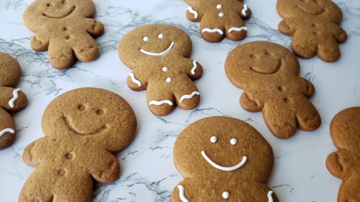 Gingerbread cookies on a marble surface. 