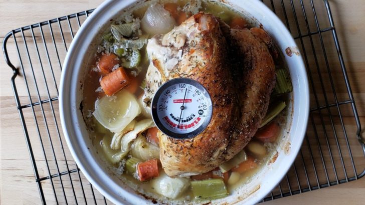 I roast turkey with a thermometer in it reading 165°F.