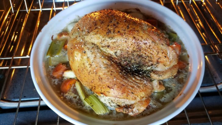 A roast turkey in the oven. 